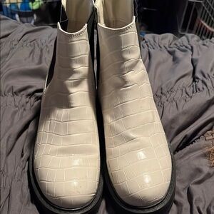 White Croc-Embossed Ankle Boots